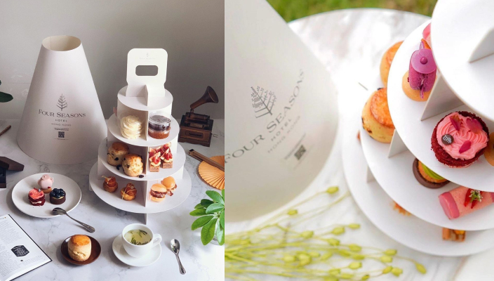 (IG@ findmyrey, ctunglee)四季酒店 雙人下午茶外賣自取套餐自取地址：中環金融街8號四季酒店大堂樓層Pop-up Pastry Shop取貨時間：每日上午十點至晚上八時電話：31